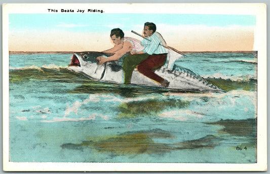 EXAGGERATED FISHING VINTAGE POSTCARD JOY RIDING