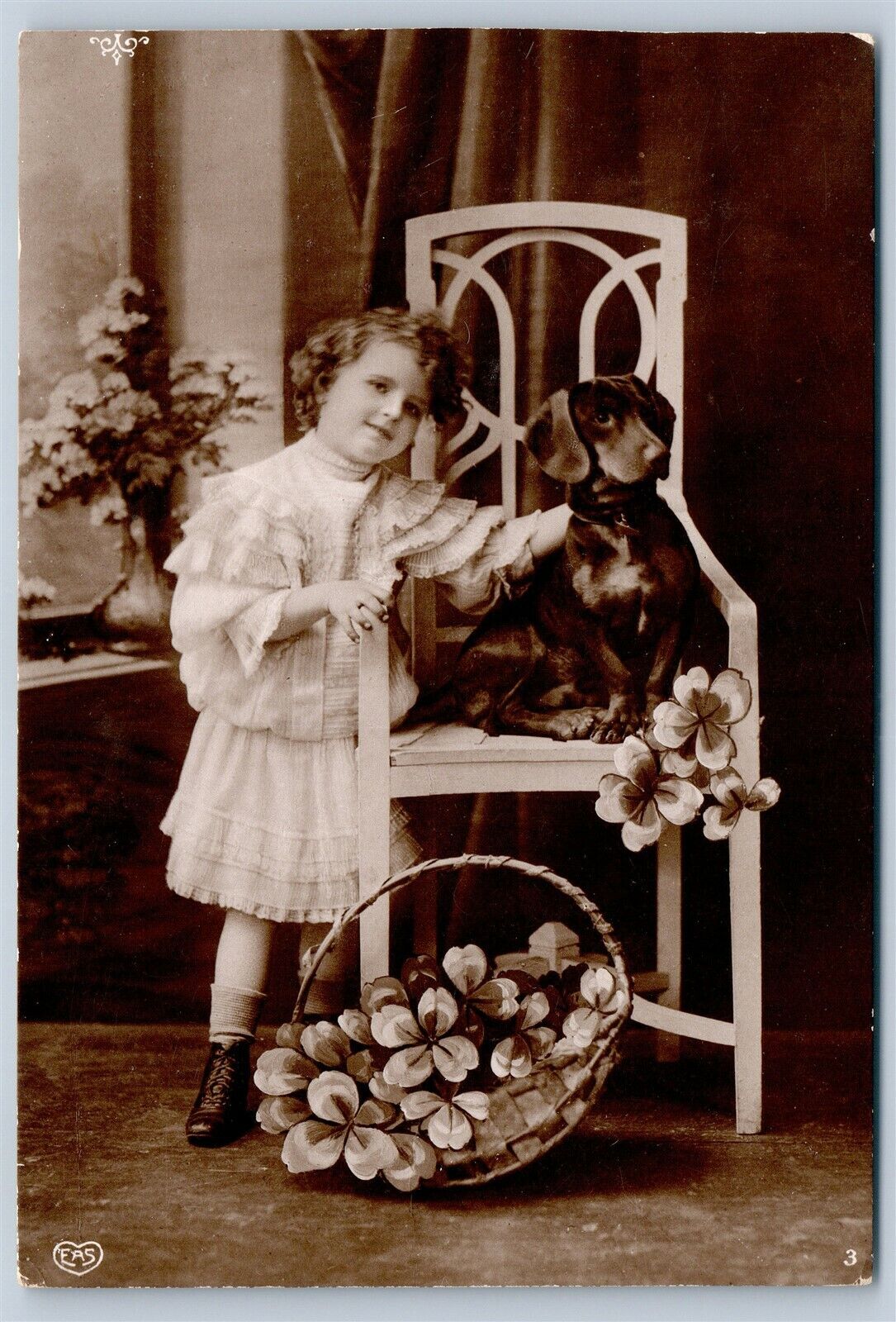 GIRL w/ DOG & FLOWER BASKET ANTIQUE REAL PHOTO POSTCARD RPPC