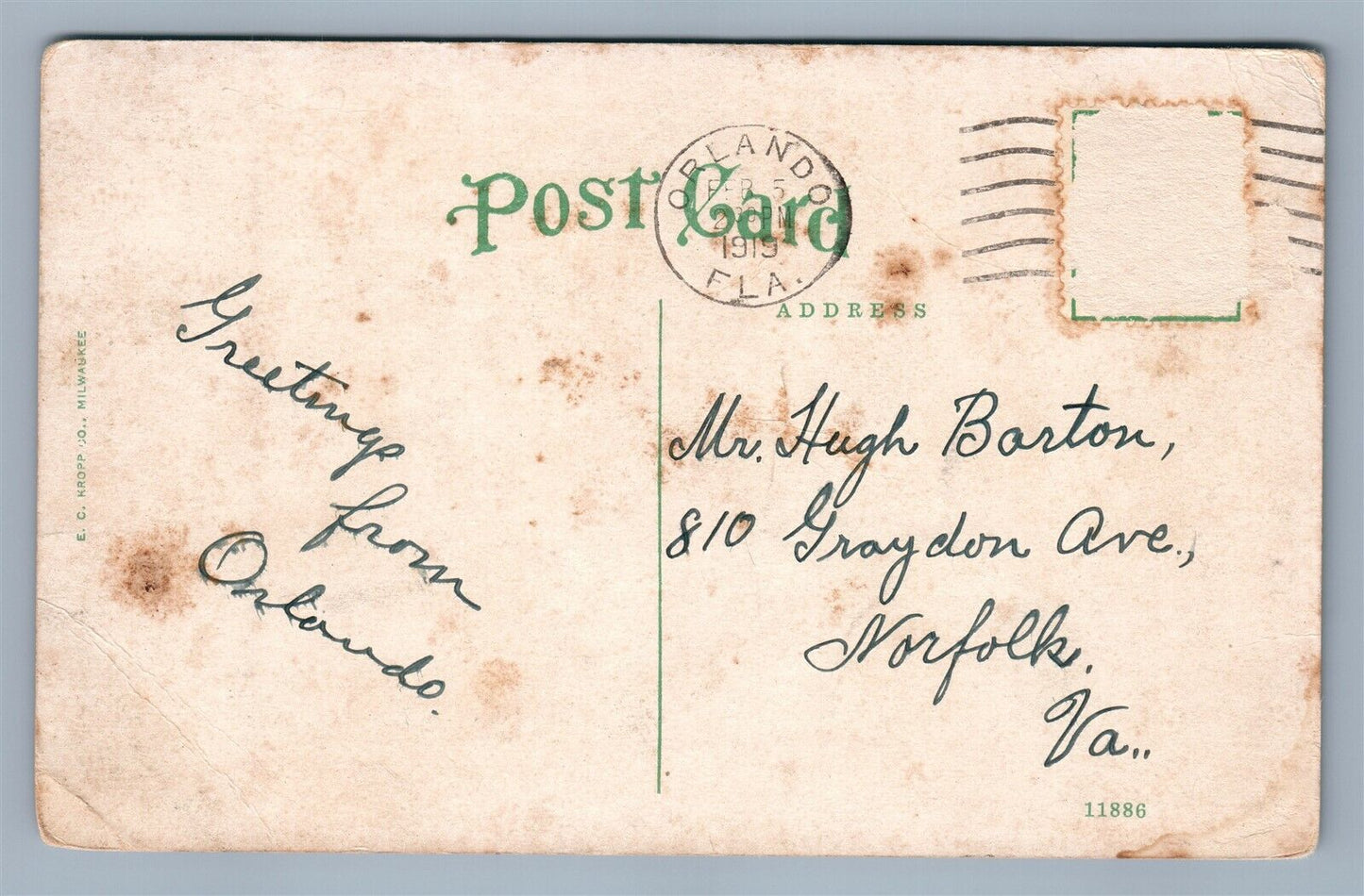 ORLANDO FL LUCERNE CIRCLE ANTIQUE POSTCARD