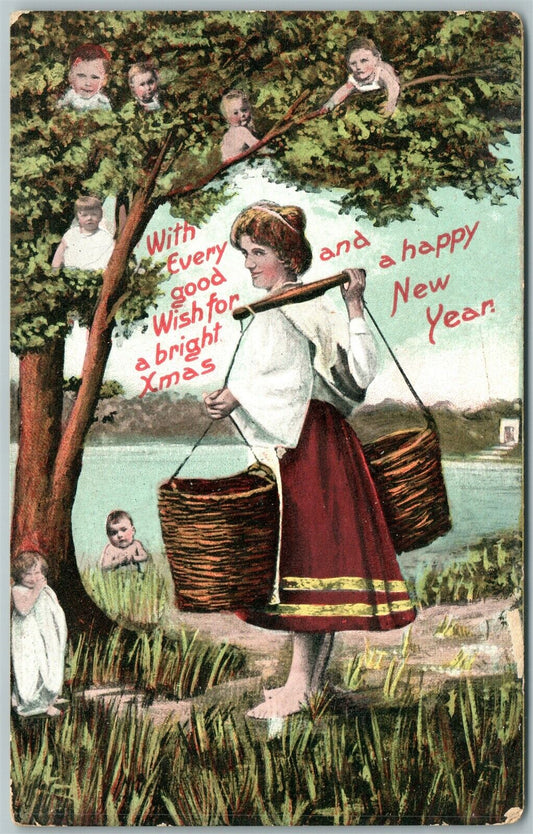 MULTIPLE BABIES HAPPY NEW YEAR ANTIQUE POSTCARD