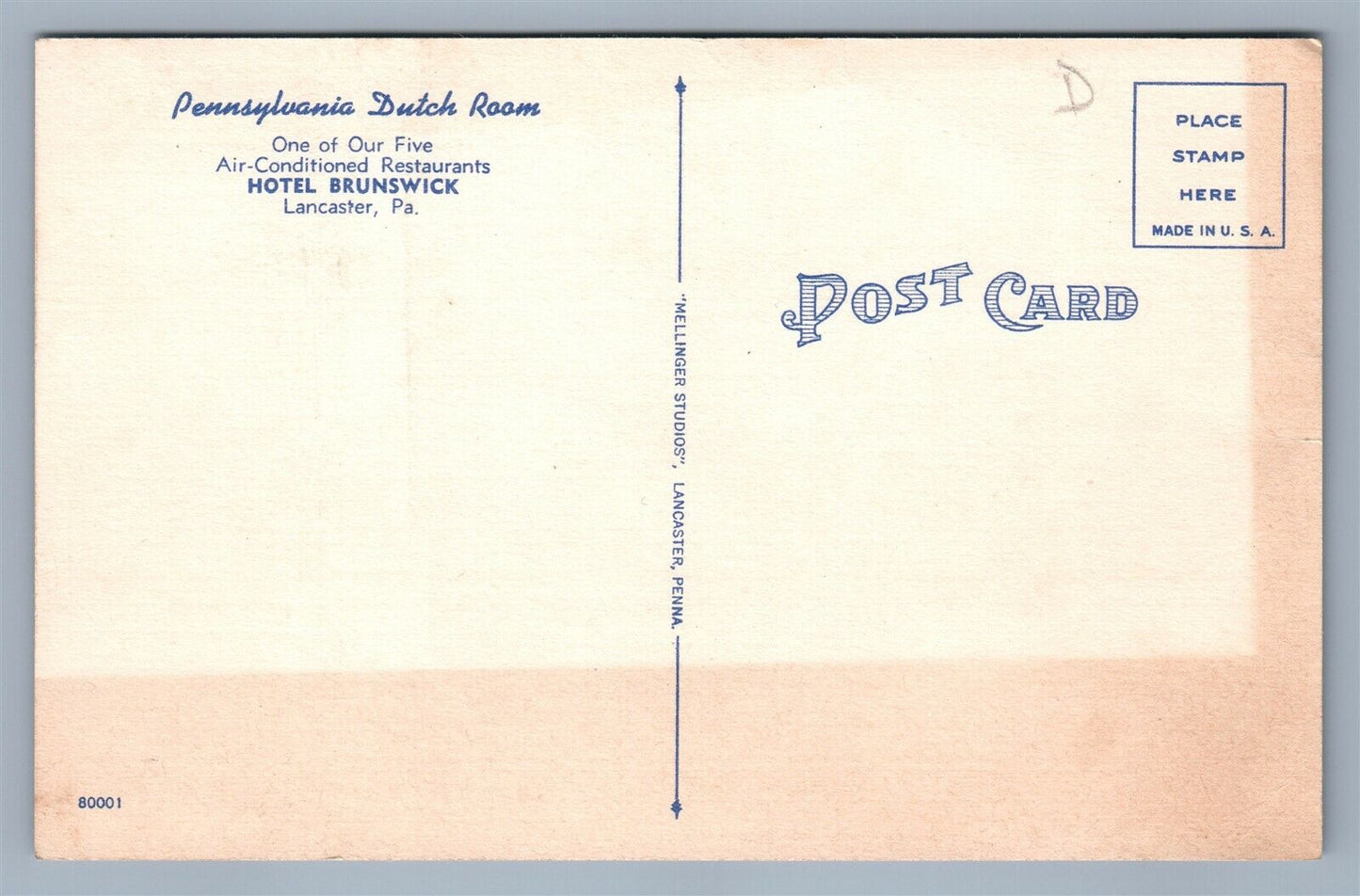 LANCASTER PA HOTEL BRUNSWICK ADVERTISING VINTAGE POSTCARD PENNSYLVANIA DUTCH