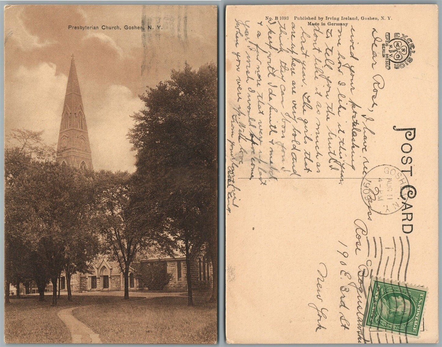 GOSHEN N.Y. PRESBYTERIAN CHURCH 1909 ANTIQUE POSTCARD