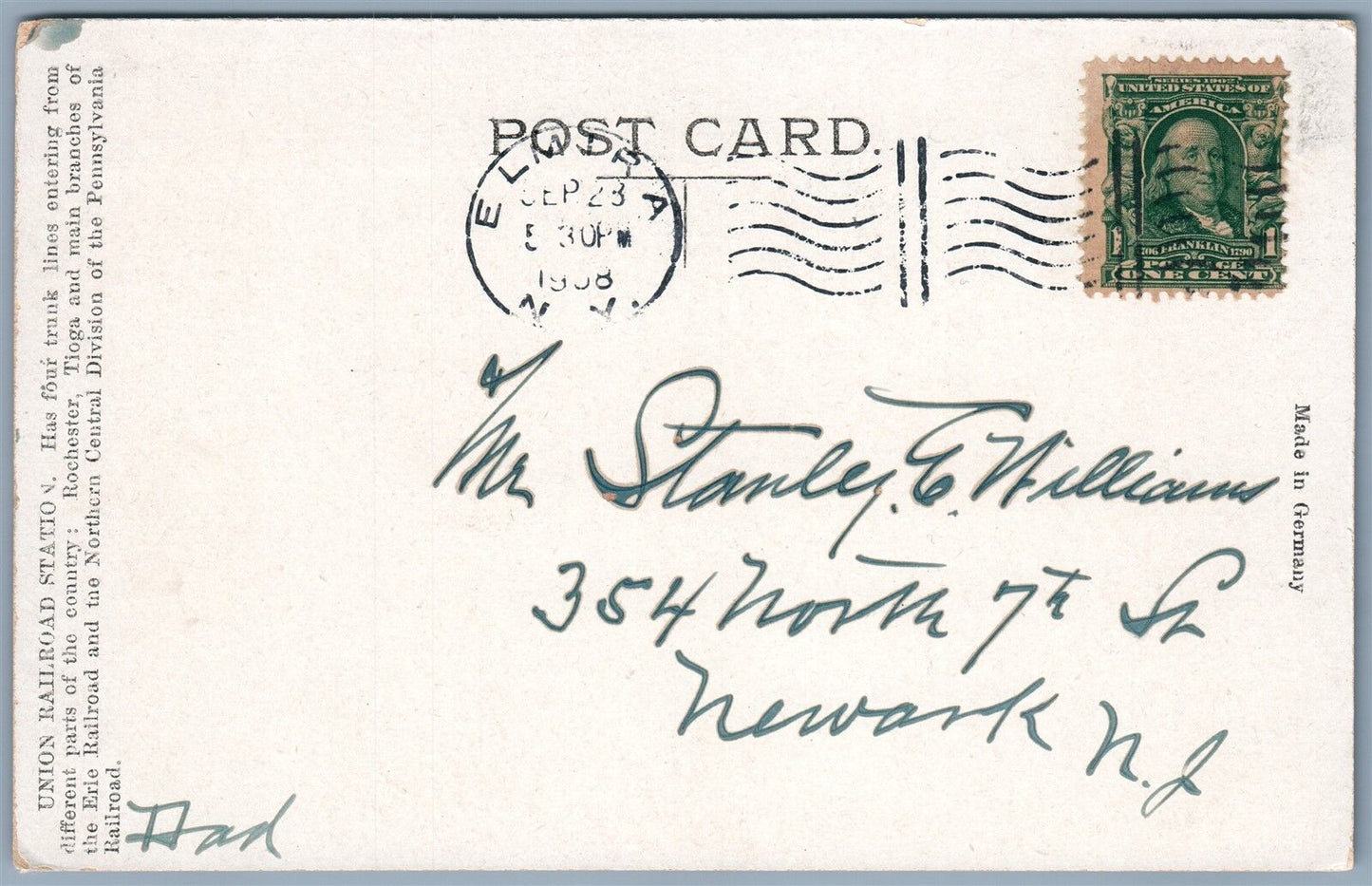 ELMIRA NY UNION RAILROAD STATION 1908 ANTIQUE POSTCARD railway depot