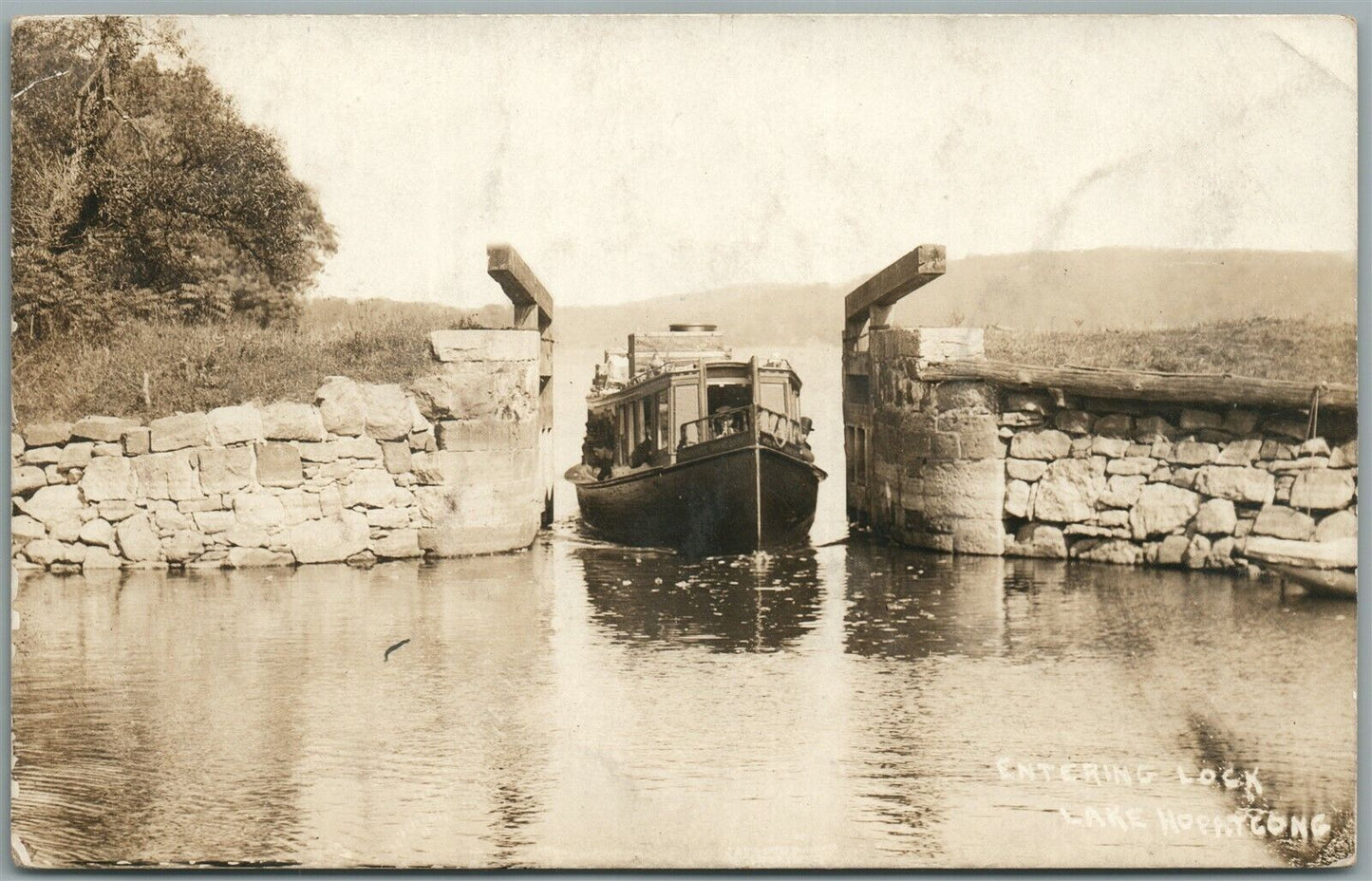 LAKE HOPATCONG NJ ENTERING LOCK ANTIQUE REAL PHOTO POSTCARD RPPC