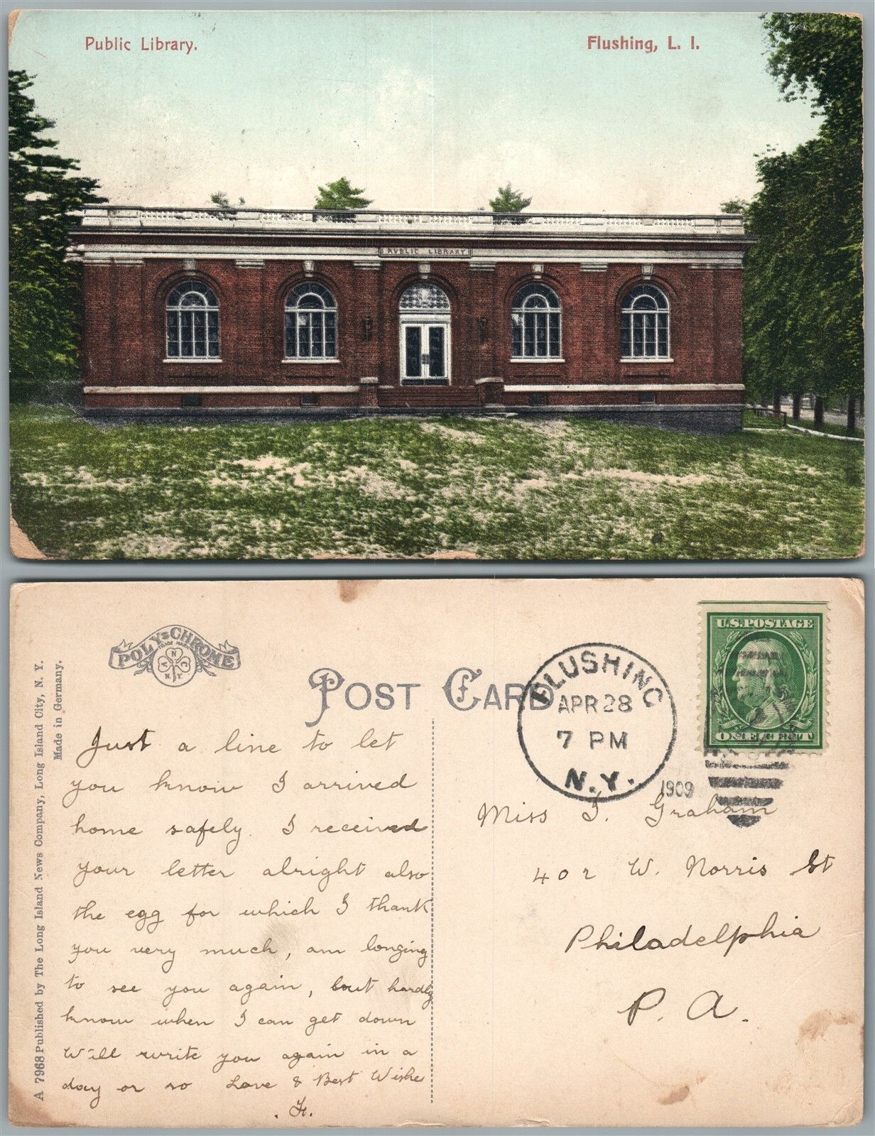 LONG ISLAND FLUSHING N.Y. PUBLIC LIBRARY 1909 ANTIQUE POSTCARD w/ CORK CANCEL