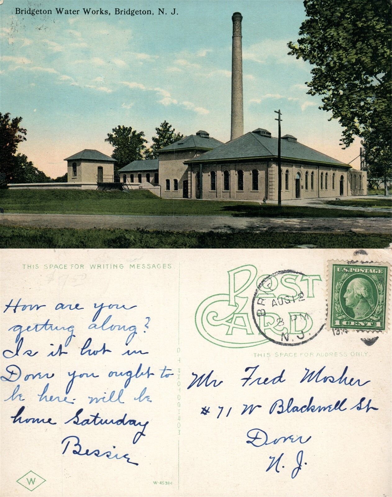 BRIDGETON N.J. WATER WORKS ANTIQUE POSTCARD w. CORK CANCEL