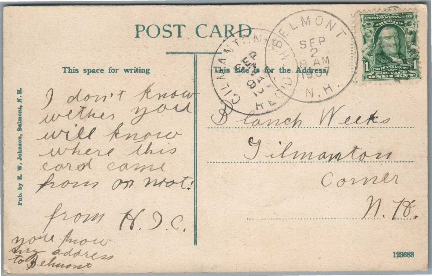 BELMONT NH CURRIER'S HOTEL ANTIQUE POSTCARD