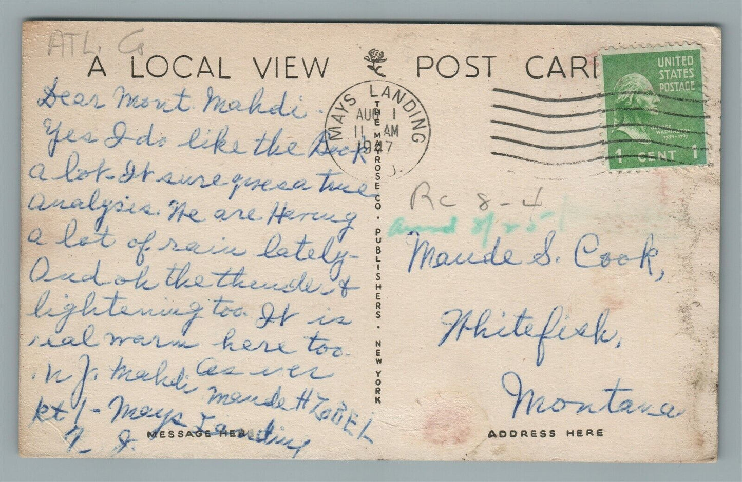 MAY'S LANDING NJ JOHN UNDERHILL MEMORIAL PARK VINTAGE POSTCARD