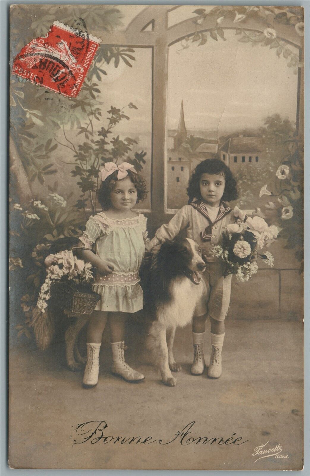 KIDS w/ DOG & FLOWERS FRENCH ANTIQUE REAL PHOTO POSTCARD RPPC