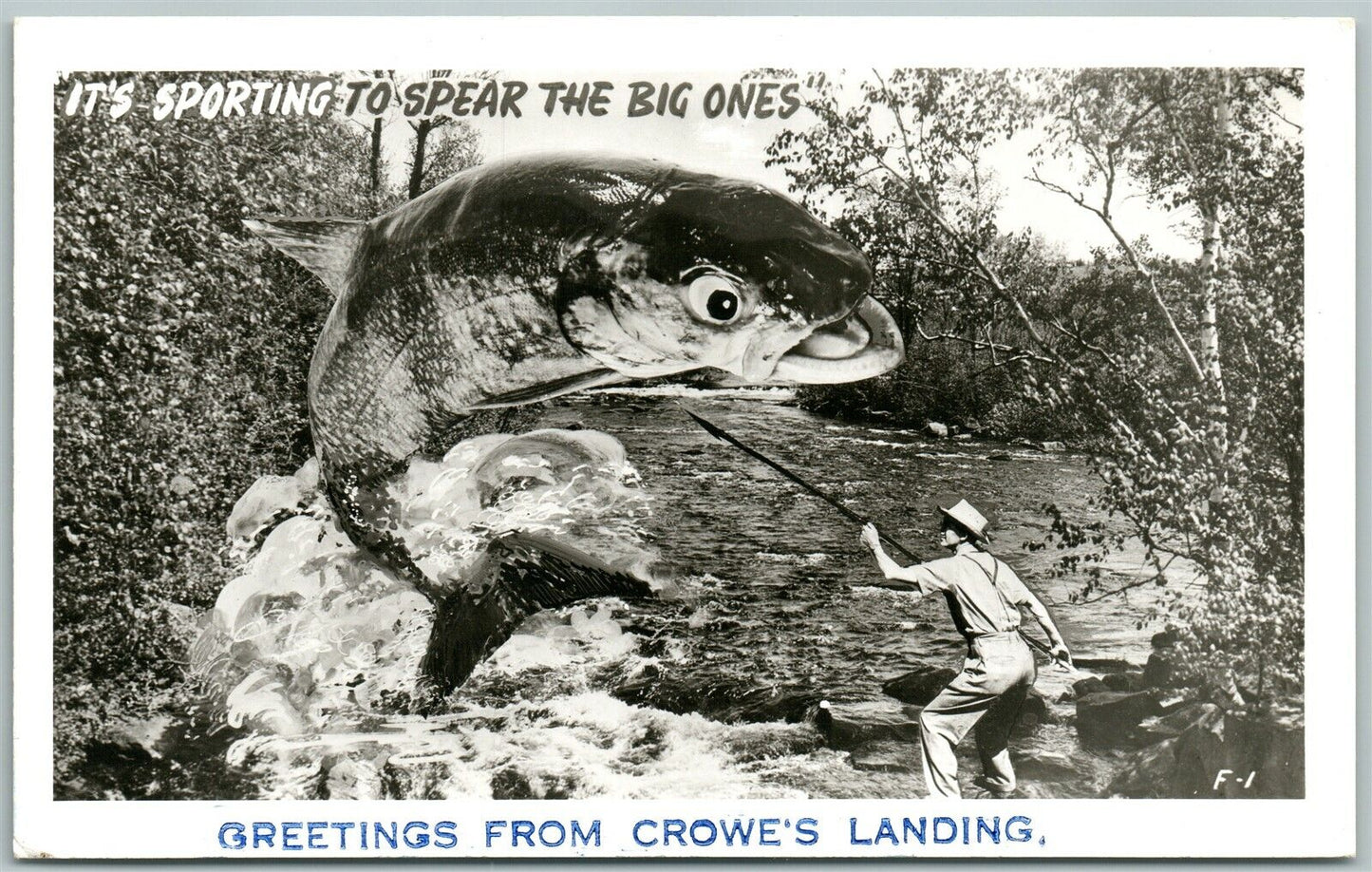 CROWES LANDING CANADA FISHING EXAGGERATED VINTAGE REAL PHOTO POSTCARD RPPC