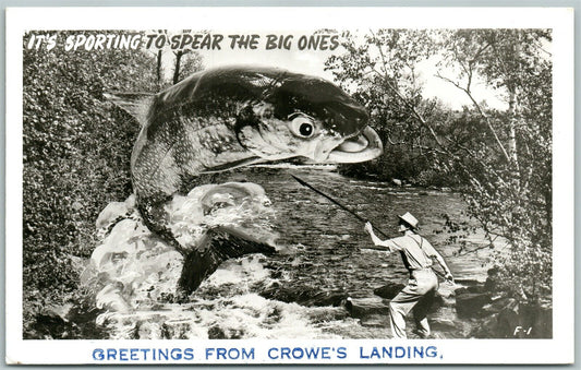 CROWES LANDING CANADA FISHING EXAGGERATED VINTAGE REAL PHOTO POSTCARD RPPC