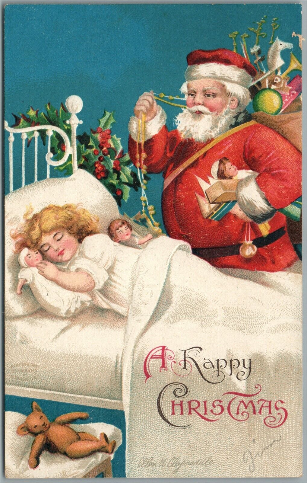 SANTA IN GIRL'S DREAM CHRISTMAS ANTIQUE POSTCARD