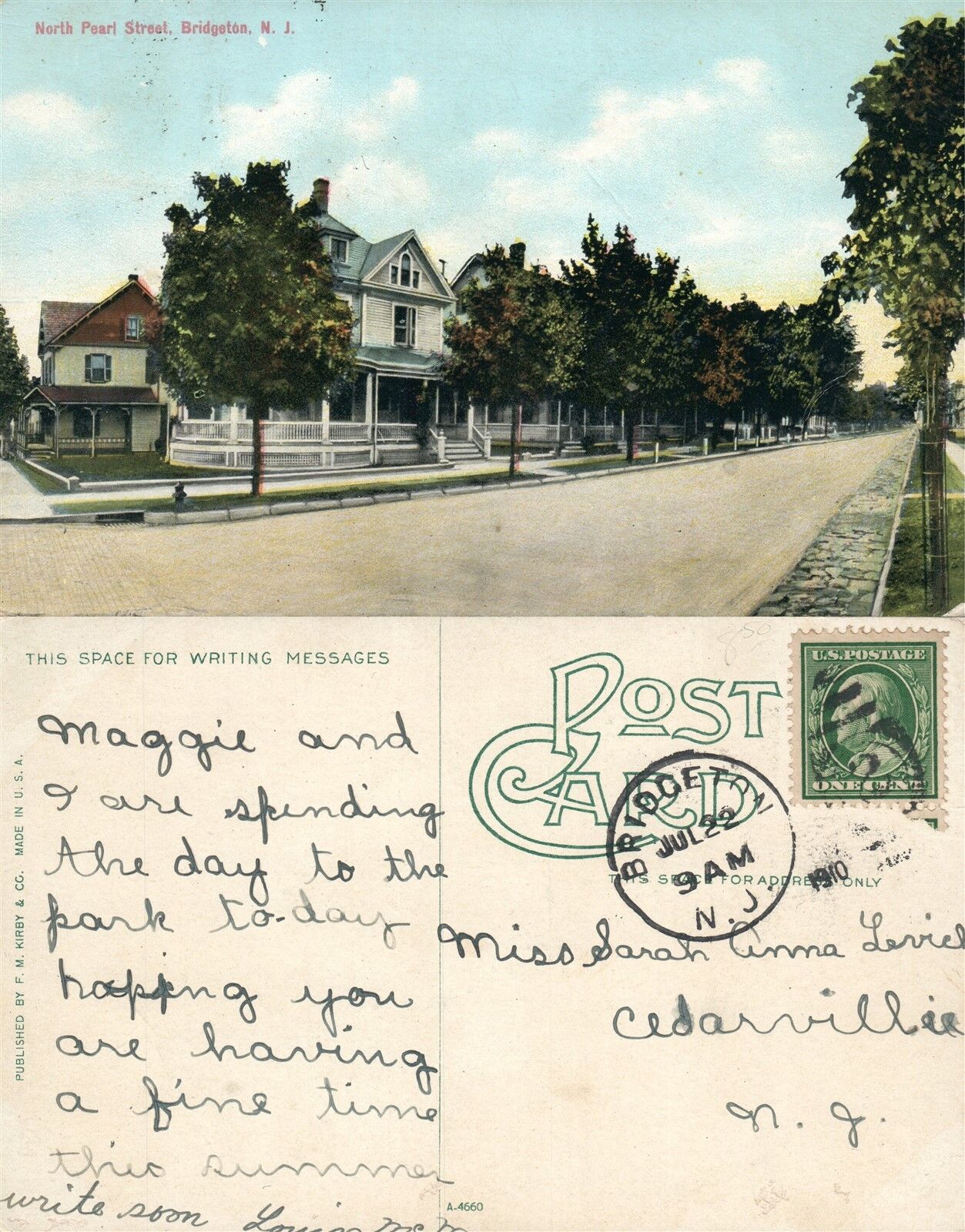 BRIDGETON N.J. NORTH PEARL STREET 1910 ANTIQUE POSTCARD w/ CORK CANCEL