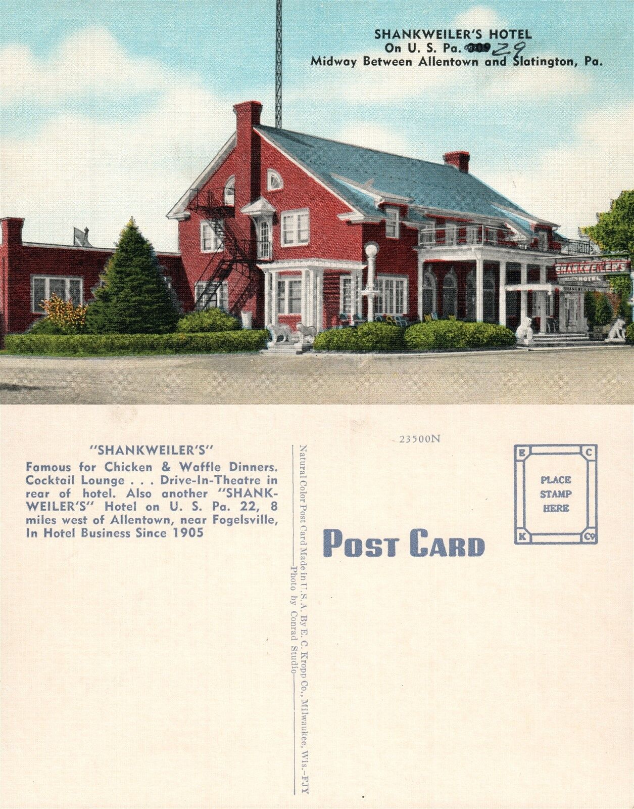 ALLENTOWN & SLATINGTON PA SHANKWEILER'S HOTEL VINTAGE POSTCARD