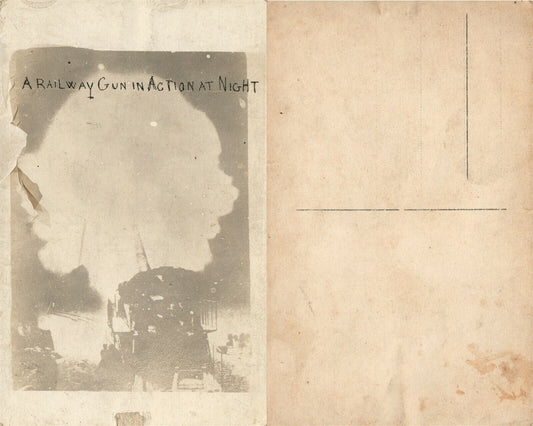 WWI RAILWAY GUN IN ACTION AT NIGHT REAL PHOTO POSTCARD ANTIQUE RPPC railroad