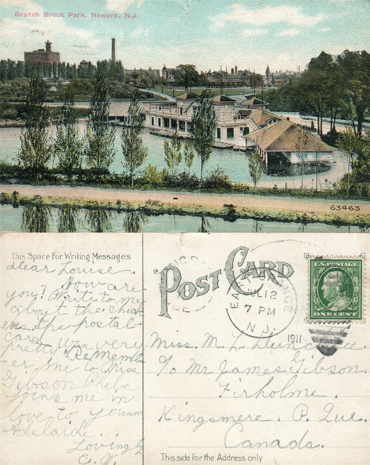 NEWARK N.J. BRANCH BROOK PARK 1911 ANTIQUE POSTCARD w/ CORK CANCEL