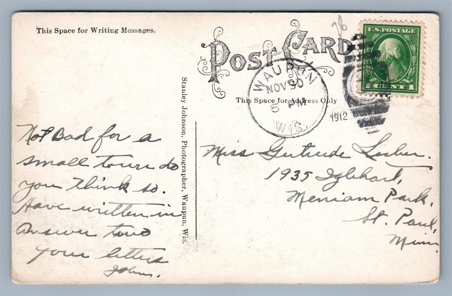 WAUPUN WI WATERTOWN STREET ANTIQUE POSTCARD w/ CORK CANCEL