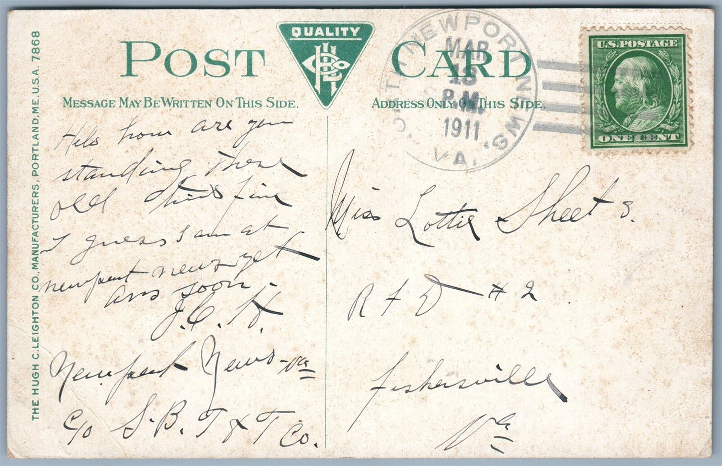 NEWPORT NEWS VA WEST AVENUE 1911 ANTIQUE POSTCARD