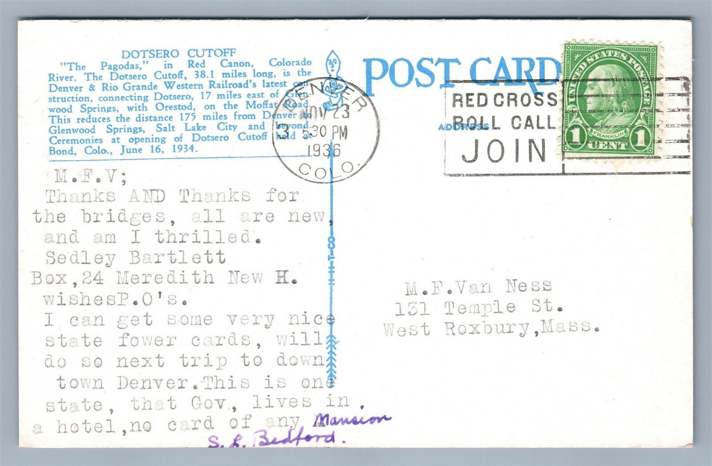 DOTSERO CUTOFF CO ANTIQUE POSTCARD DENVER & RIO GRANDE RAILROAD railway