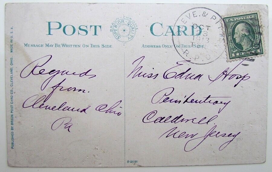 VINTAGE 1913 POSTCARD HEART OF CLEVELAND R.P.O. CANCEL trolley railway tramway