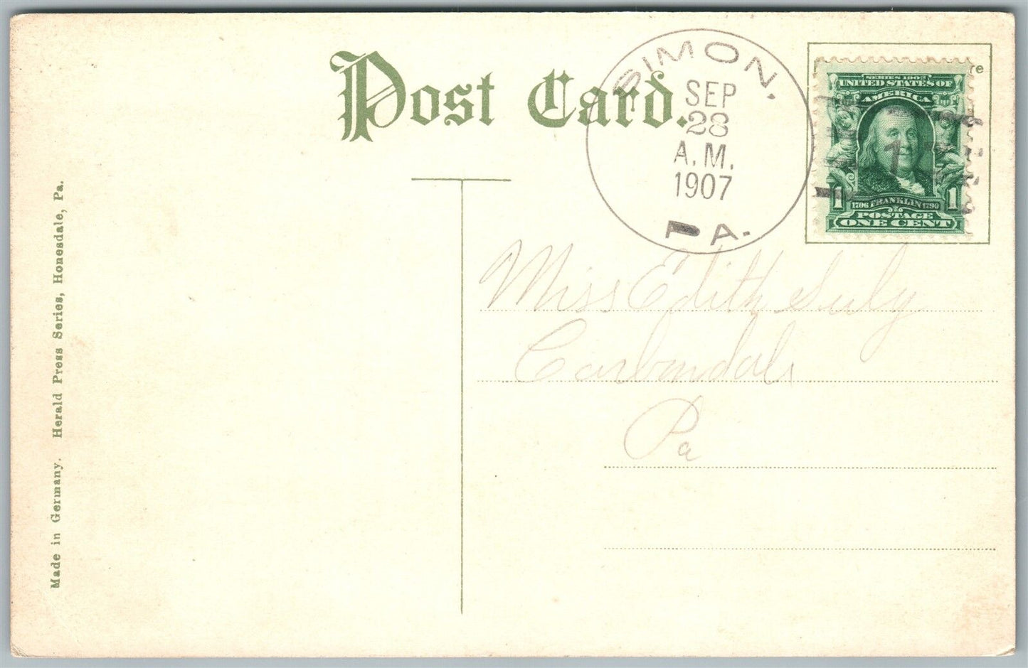 HONESDALE PA NATIONAL DIME & SAVINGS BANKS 1907 ANTIQUE POSTCARD