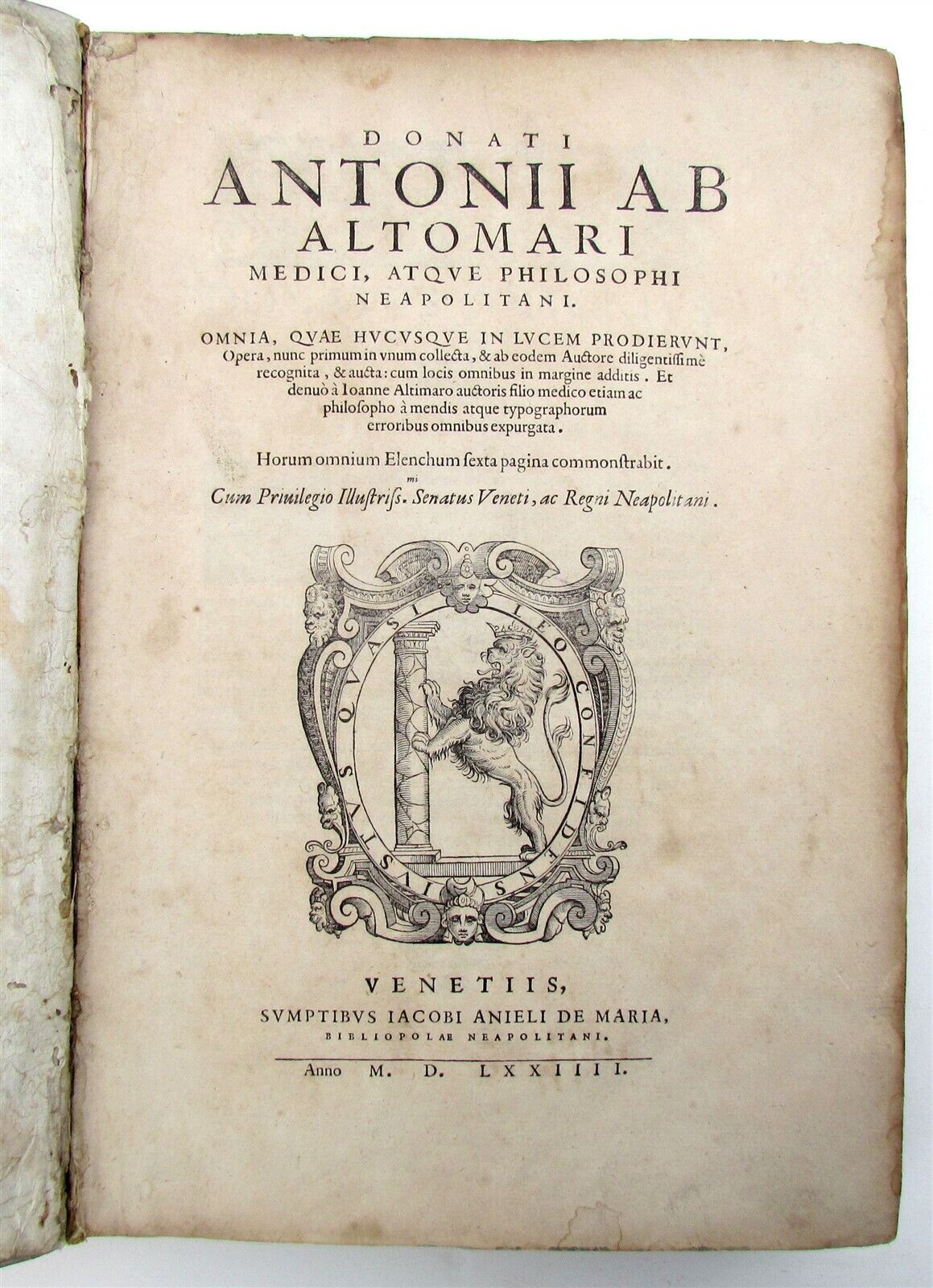 1574 MEDICAL TREATISE DONATI ALTOMARE antique VELLUM BOUND FOLIO rare