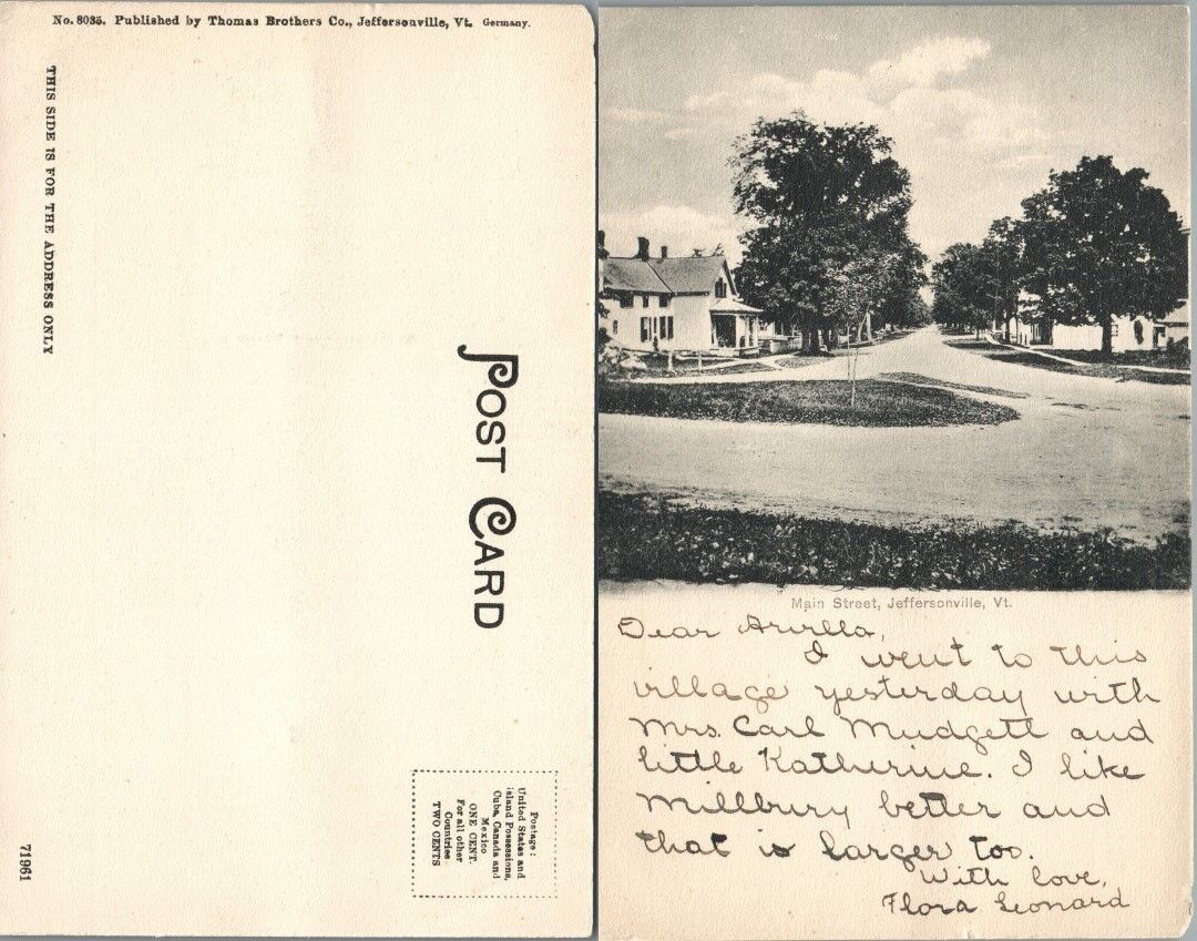 MAIN STREET JEFFERSONVILLE VT VINTAGE POSTCARD