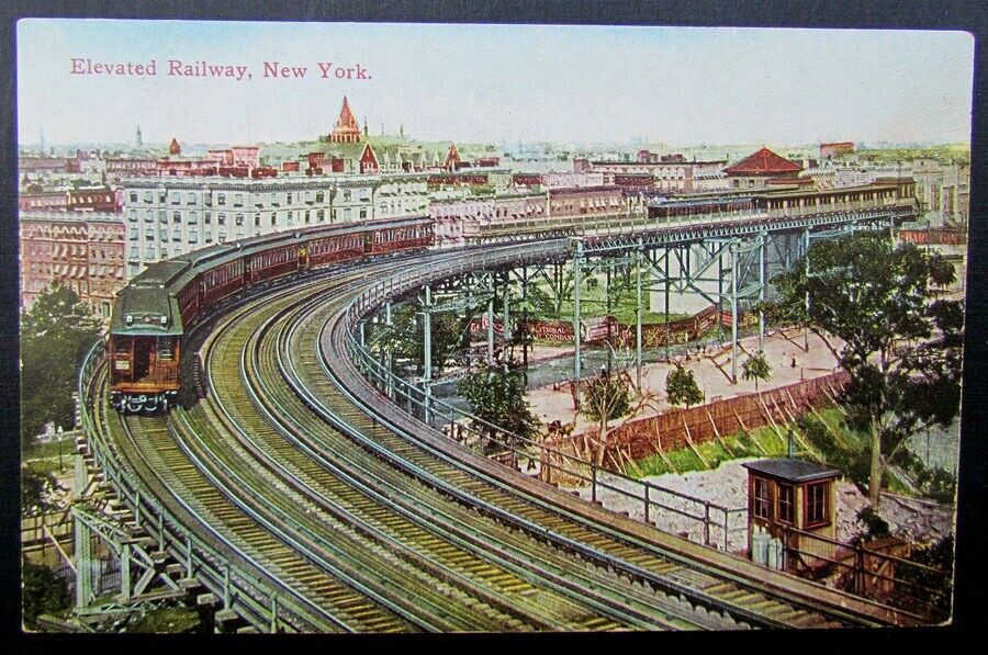 VINTAGE POSTCARD - ELEVATED RAILWAY NEW YORK railroad train