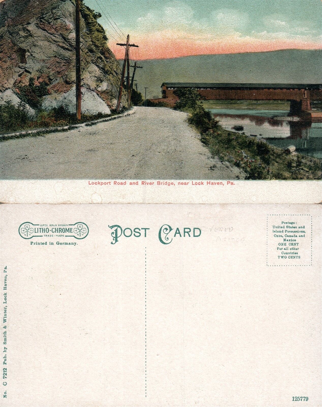 LOCK HAVEN PA LOCKPORT ROAD & COVERED RIVER BRIDGE ANTIQUE POSTCARD