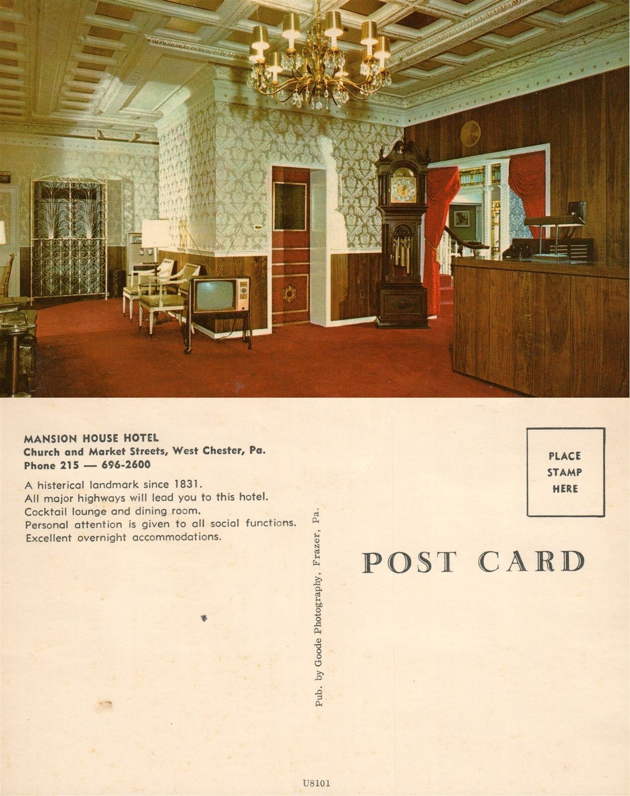 WEST CHESTER PA MANSION HOUSE HOTEL CHURCH & MARKET STREET VINTAGE POSTCARD