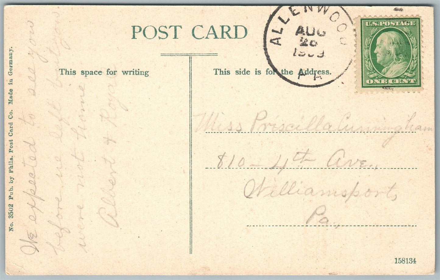 GLENWOOD PA 1909 ANTIQUE POSTCARD