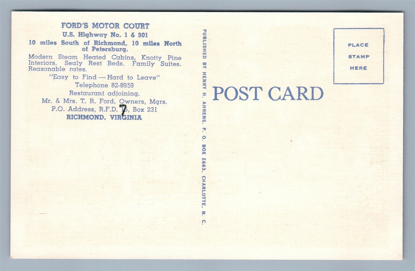 FORD'S MOTOR COURT BETWEEN RICHMOND & PETERSBURG VINTAGE POSTCARD