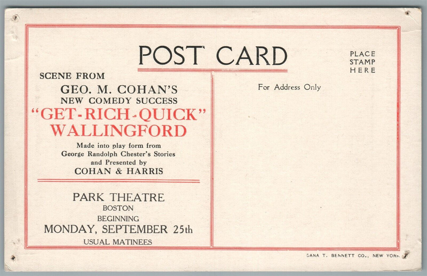 BOSTON MA PARK THEATRE GET RICH QUICK COHAN'S COMEDY ANTIQUE POSTCARD