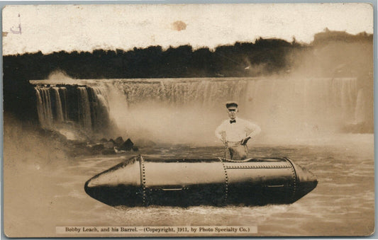 NIAGARA FALLS NY BOBBY LEACH & HIS BARREL ANTIQUE REAL PHOTO POSTCARD RPPC