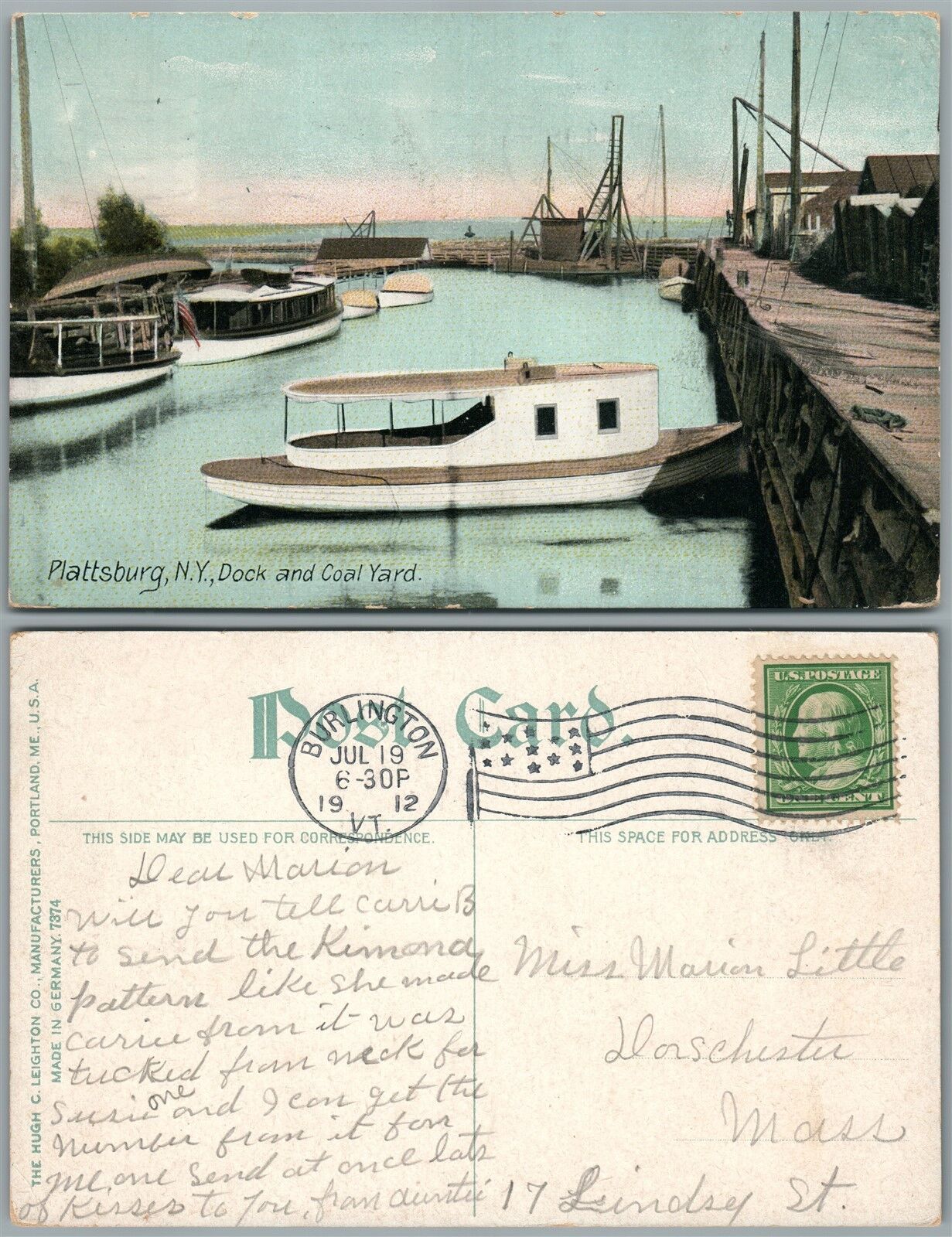 PLATTSBURG N.Y. DOCK & COAL YARD 1912 ANTIQUE POSTCARD