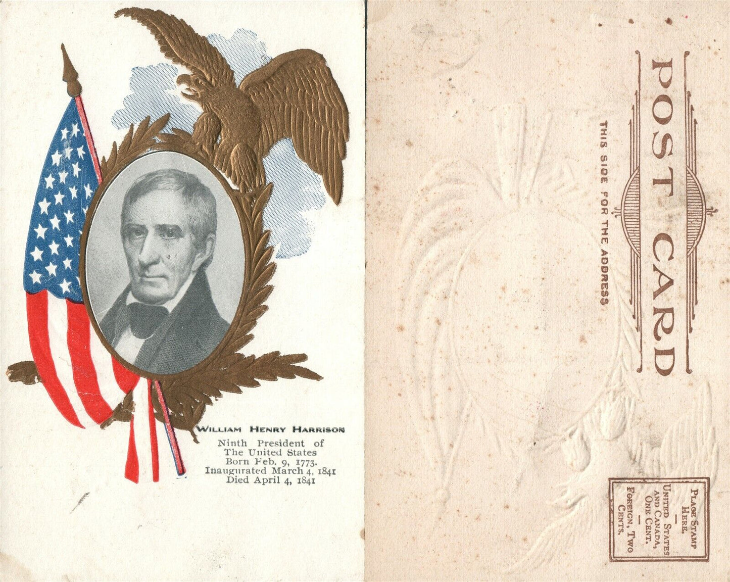PATRIOTIC ANTIQUE UNDIVIDED EMBOSSED POSTCARD PRESIDEN WILLIAM HARRISON