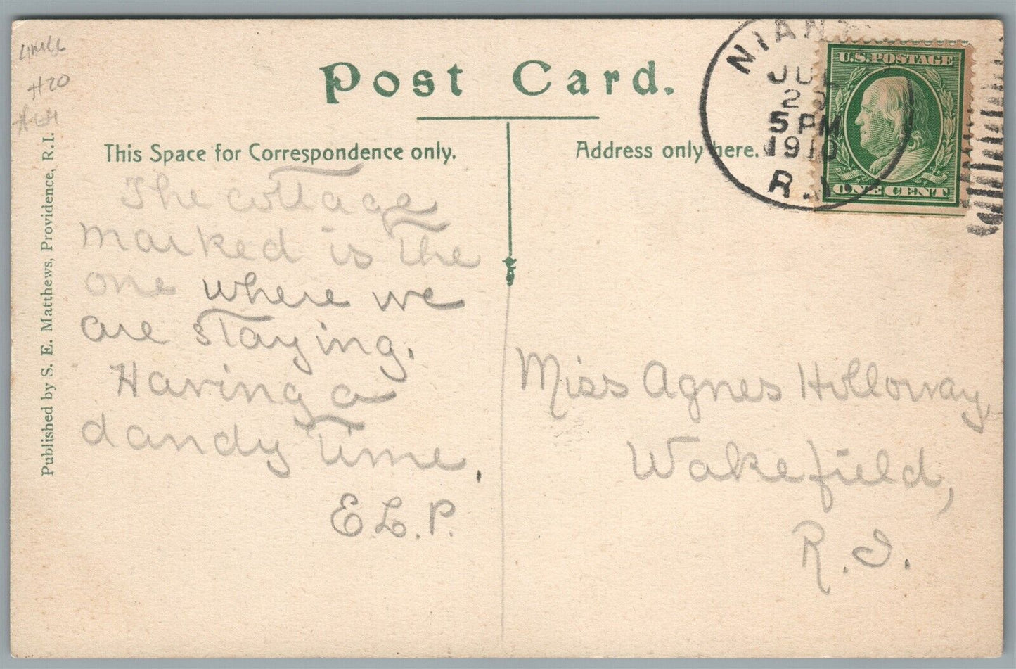 QUONOCHONTAUG RI MIDWAY COTTAGES ANTIQUE POSTCARD