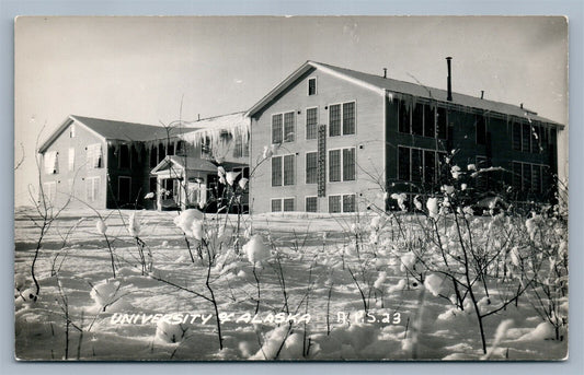 FAIRBANKS AK UNIVERSITY OF ALASKA WINTER SCENE VINTAGE REAL PHOTO POSTCARD RPPC