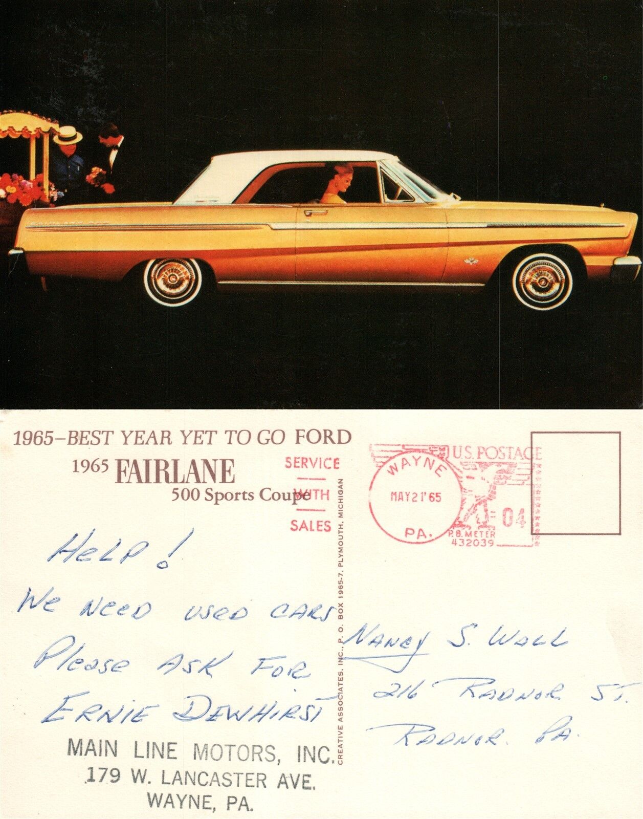 FORD FAIRLANE 500 SPORTS COUPE WAYNE PA ADVERTISING VINTAGE POSTCARD