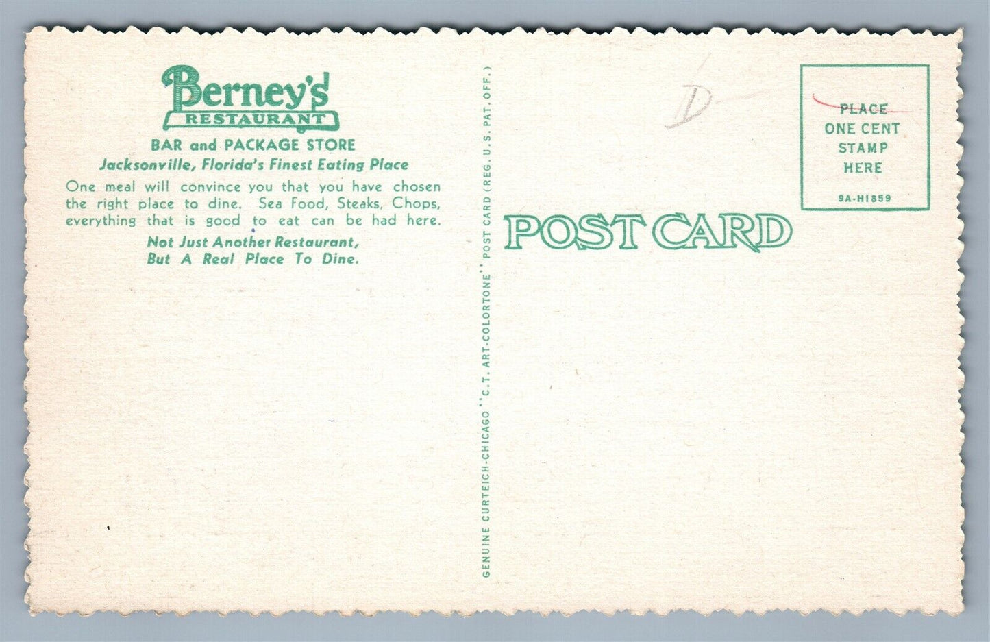 JACKSONVILLE FL BERNEY'S RESTAURANT ADVERTISING VINTAGE POSTCARD