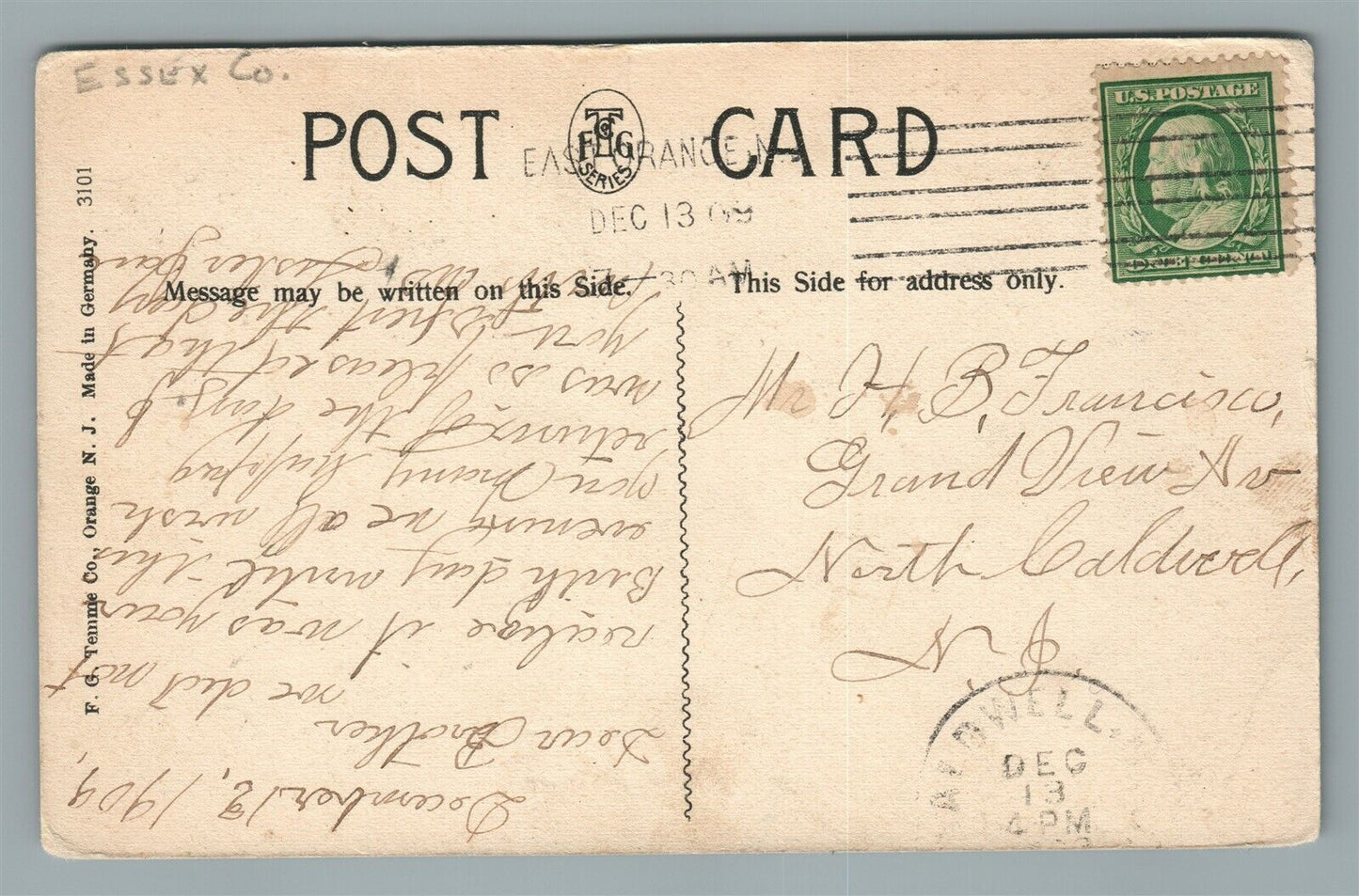 EAST ORANGE NJ NORTH PARK & DODD STREET ANTIQUE POSTCARD