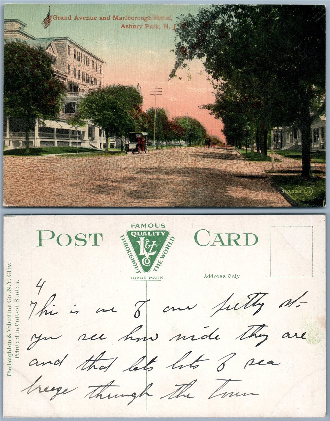 ASBURY PARK N.J. GRAND AVENUE & MARLBOROUGH HOTEL ANTIQUE POSTCARD
