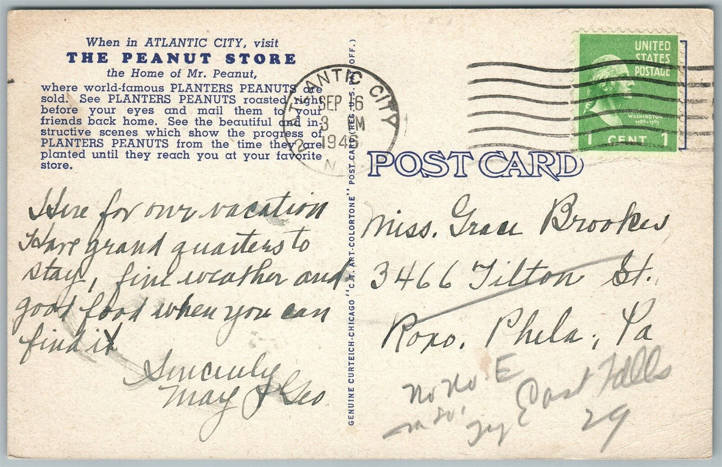 ATLANTIC CITY NJ MR.PEANUT STORE on the BOARDWALK 1946 VINTAGE POSTCARD