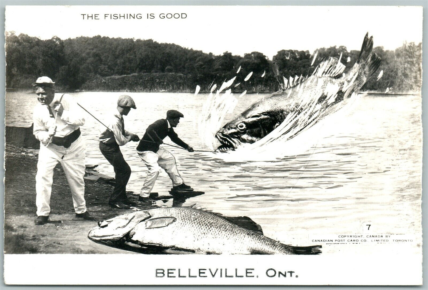 BELLEVILLE CANADA FISHING EXAGGERATED ANTIQUE REAL PHOTO POSTCARD RPPC