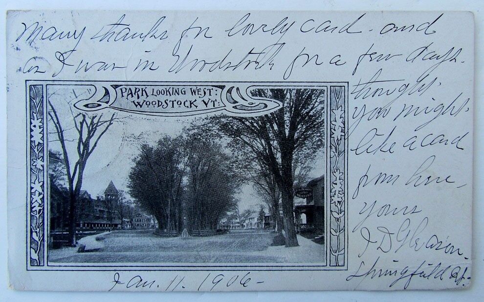 VINTAGE 1906 UNDIVIDED POSTCARD PARK LOOKING WEST WOODSTOCK VERMONT