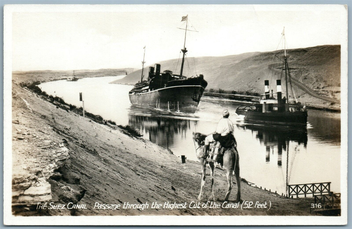 SUEZ CANAL ANTIQUE PHOTOMONTAGE REAL PHOTO POSTCARD RPPC SHIPS CAMEL