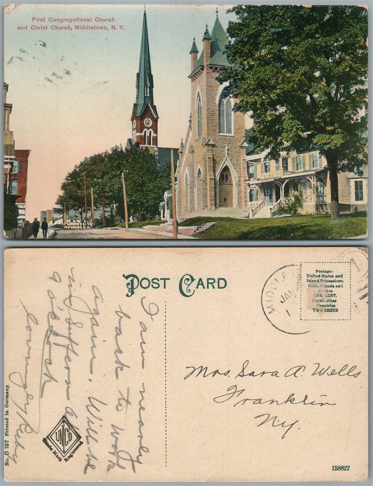 MIDDLETOWN N.Y. FIRST CONGREGATIONAL CHURCH & CHRIST CHURCH ANTIQUE POSTCARD