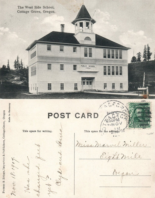 COTTAGE GROVE OR WEST SIDE SCHOOL ANTIQUE POSTCARD CORK CANCEL