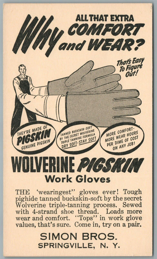 SPRINGVILLE NY SIMON BROS WOLVERINE PIGSKIN GLOVES ADVERTISING ANTIQUE POSTCARD