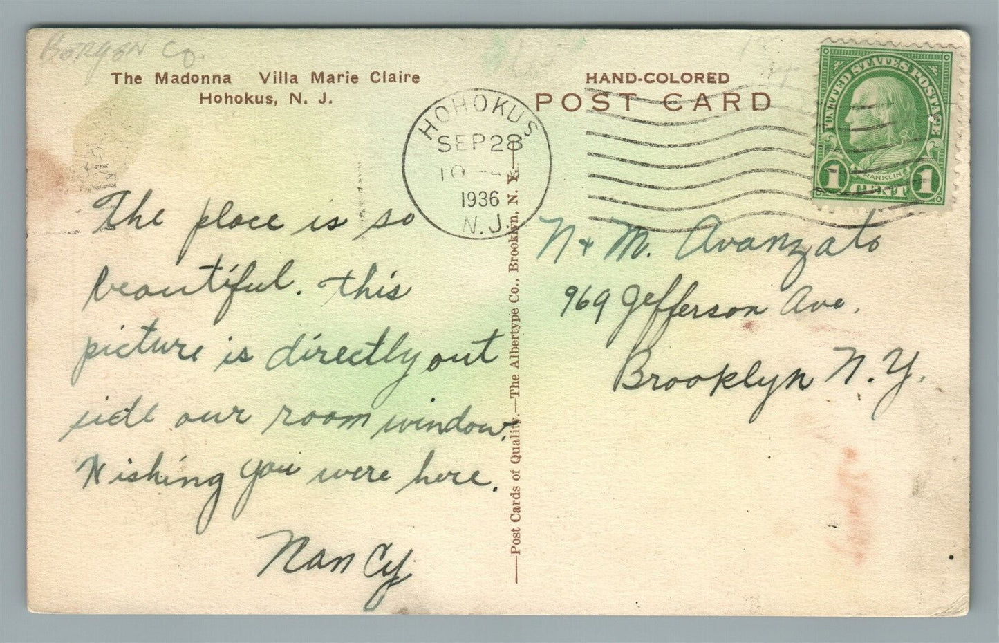 HOHOKUS NJ MADONNA VILLA MARIE CLAIRE VINTAGE POSTCARD